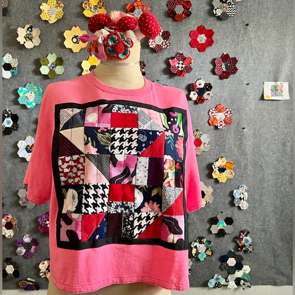 Neon Pink Bright Patchwork Crop Tee - Picture 9 of 16